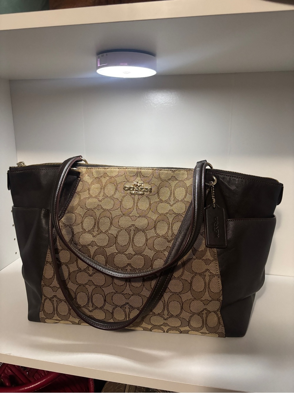Coach Signature Canvas Tote in Tan and Dark Brown